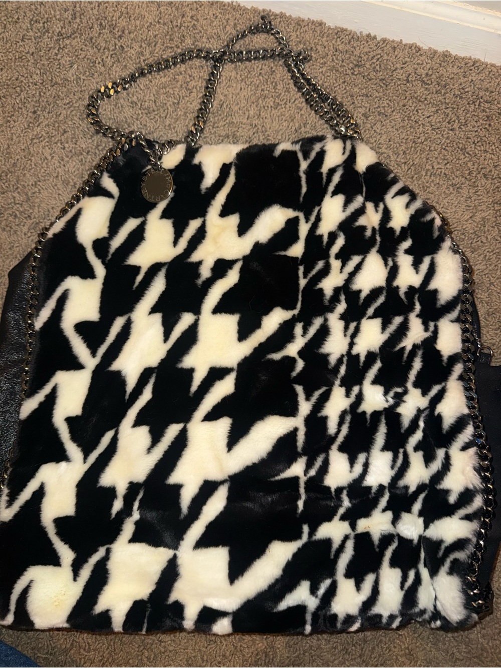Stella McCartney Large Falabella Black & White Houndstooth Faux-Fur Shoulder Bag
